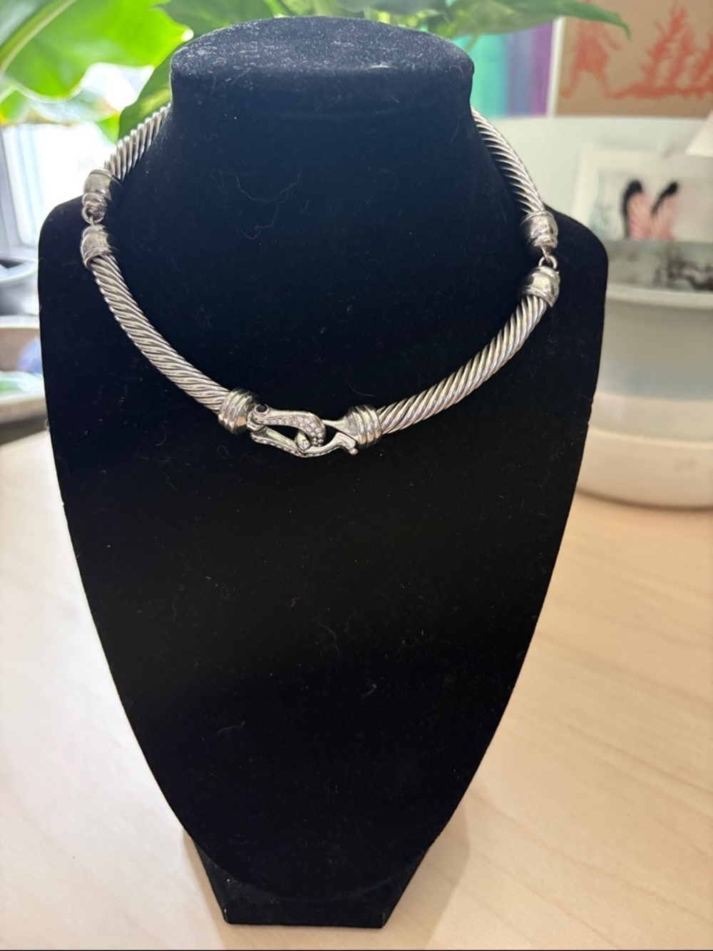 Silver Twisted Cable Necklace with Rhinestone Pave Clasp